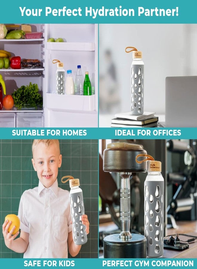 The Better Home زجاجة مياه من زجاج البوروسيليكات من ذا بيتر هوم مع غطاء (550 مل) | غطاء سيليكون مانع للانزلاق وغطاء من الخيزران | زجاجات مياه للثلاجة (عبوة من 3 زجاجات) - Image 5